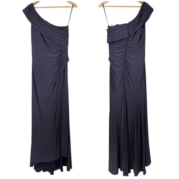 Mac Duggal NWT Foldover Ruched Jersey Off-The-Shoulder Slit Gown Sz 12 Charcoal - Picture 3 of 9